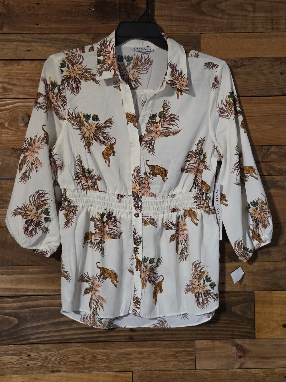 NWT Split Neck Tunic Smocked Waist Leopard Floral Summer Resort Size XL